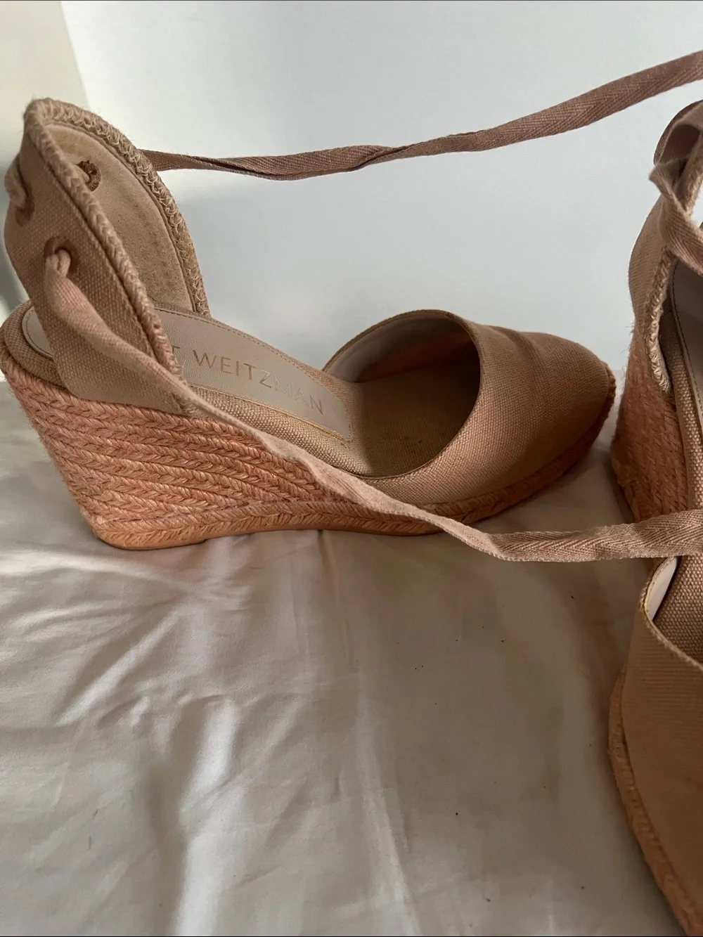 Stuart Weitzman Blush Tan Canvas Espadrille Wedge Sandals with Wrap Ties